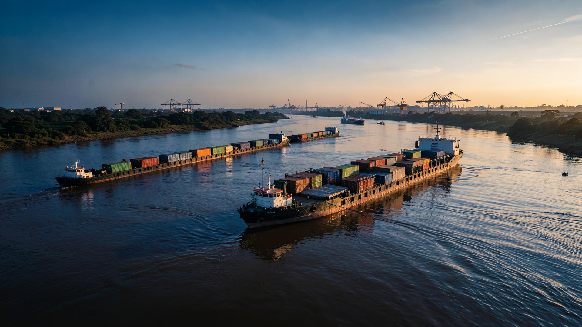 Convoy de barcazas navegando la hidrovía Paraguay–Paraná al atardecer