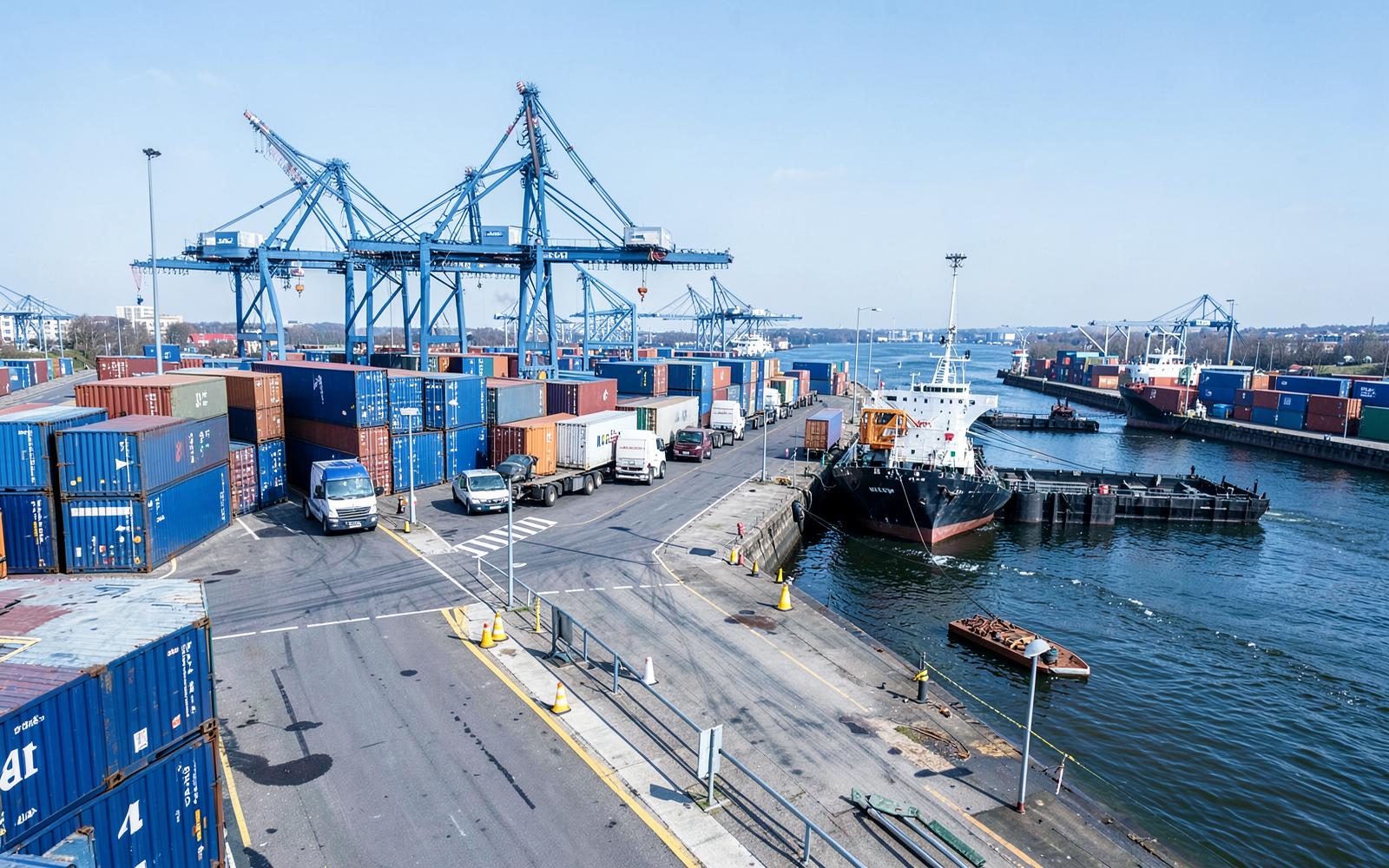 Terminal portuaria fluvial con grúas, contenedores y camiones de abastecimiento