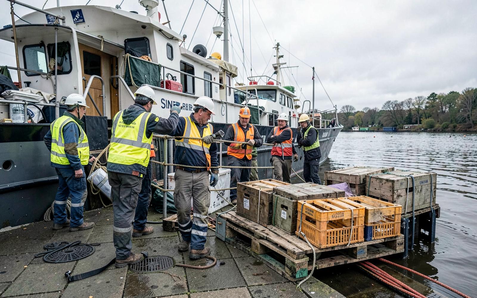 Equipo operativo cargando insumos y provisiones hacia una embarcación en el muelle